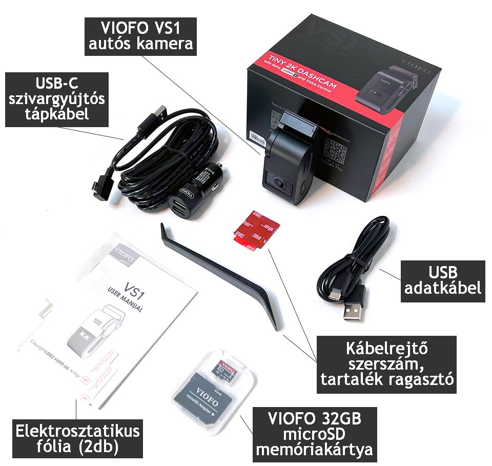 Viofo VS1 autós menetrögzítő dobozának tartalma